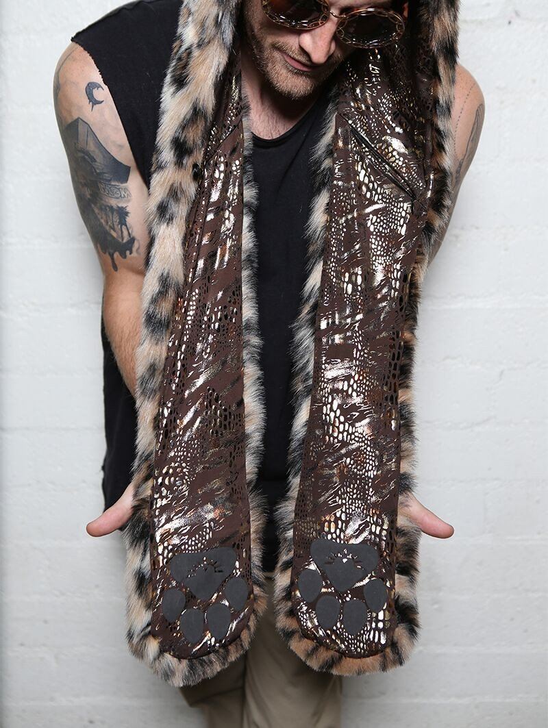 Man wearing faux fur Leopard Snakeskin SpiritHood, front view 1