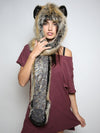 Woman wearing faux fur Red Wolf Snakeskin SpiritHood, front view 1