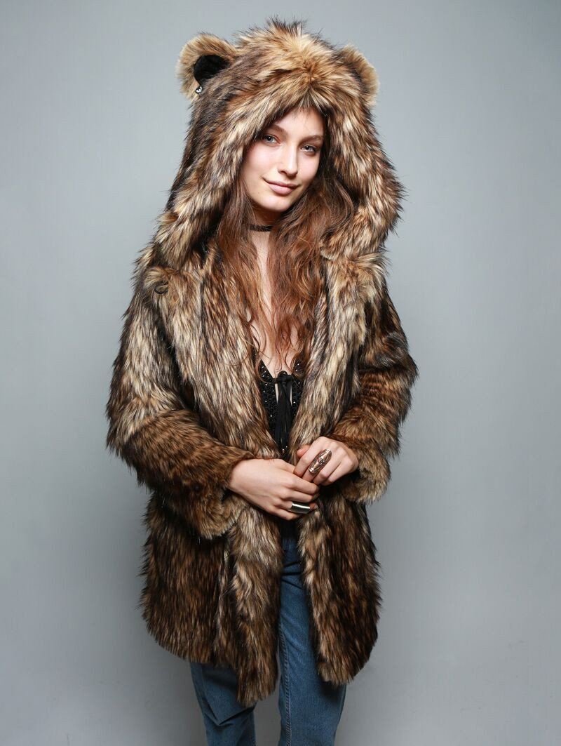Brown Grizzly Faux Fur Coat on Female