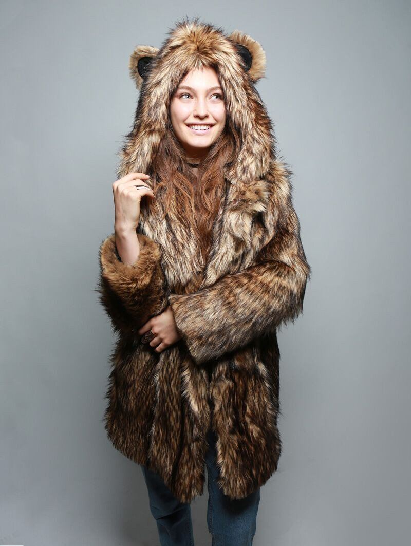 Hooded Faux Fur Coat with Grizzly Design