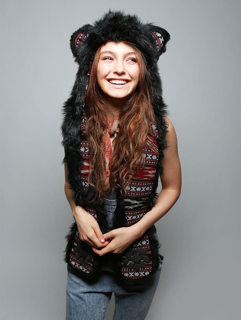 Woman wearing Faux Fur Black Bear SpiritHood, front view 3