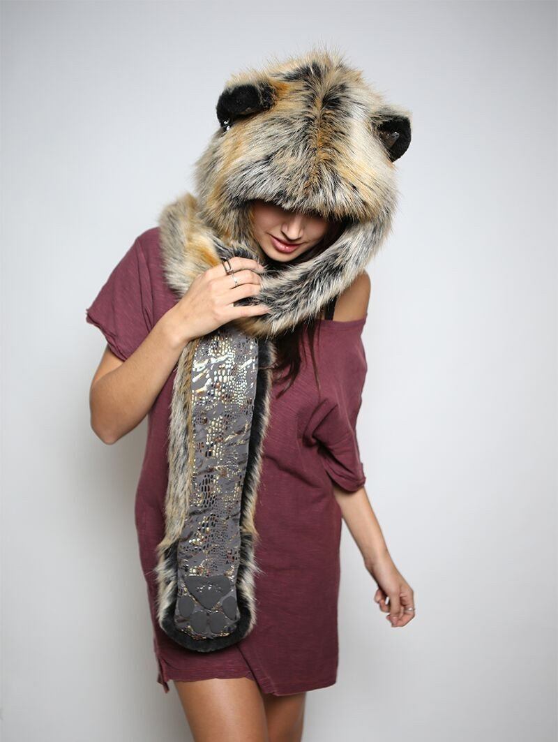 Woman wearing faux fur Red Wolf Snakeskin SpiritHood, front view 3