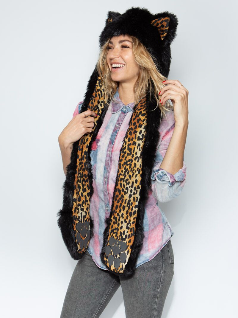 Woman wearing Faux Fur Black Cat Collector Edition SpiritHood, side view
