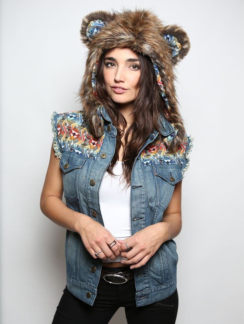 Hooded 1/2 *Unisex* Faux Fur SpiritHood with Grizzly Design