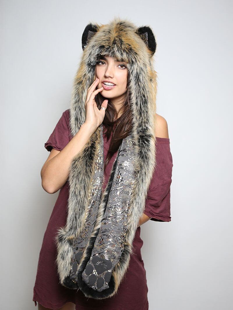 Woman wearing faux fur Red Wolf Snakeskin SpiritHood, front view