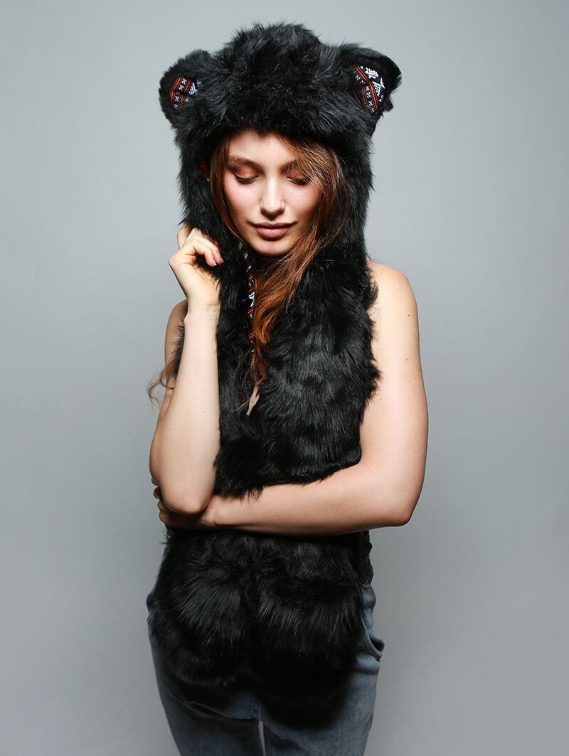 Woman wearing Faux Fur Black Bear SpiritHood, front view 1