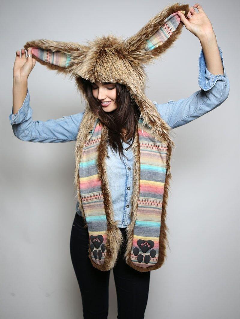 Woman wearing Brown Bunny Collectors Edition Faux Fur SpiritHood, front view