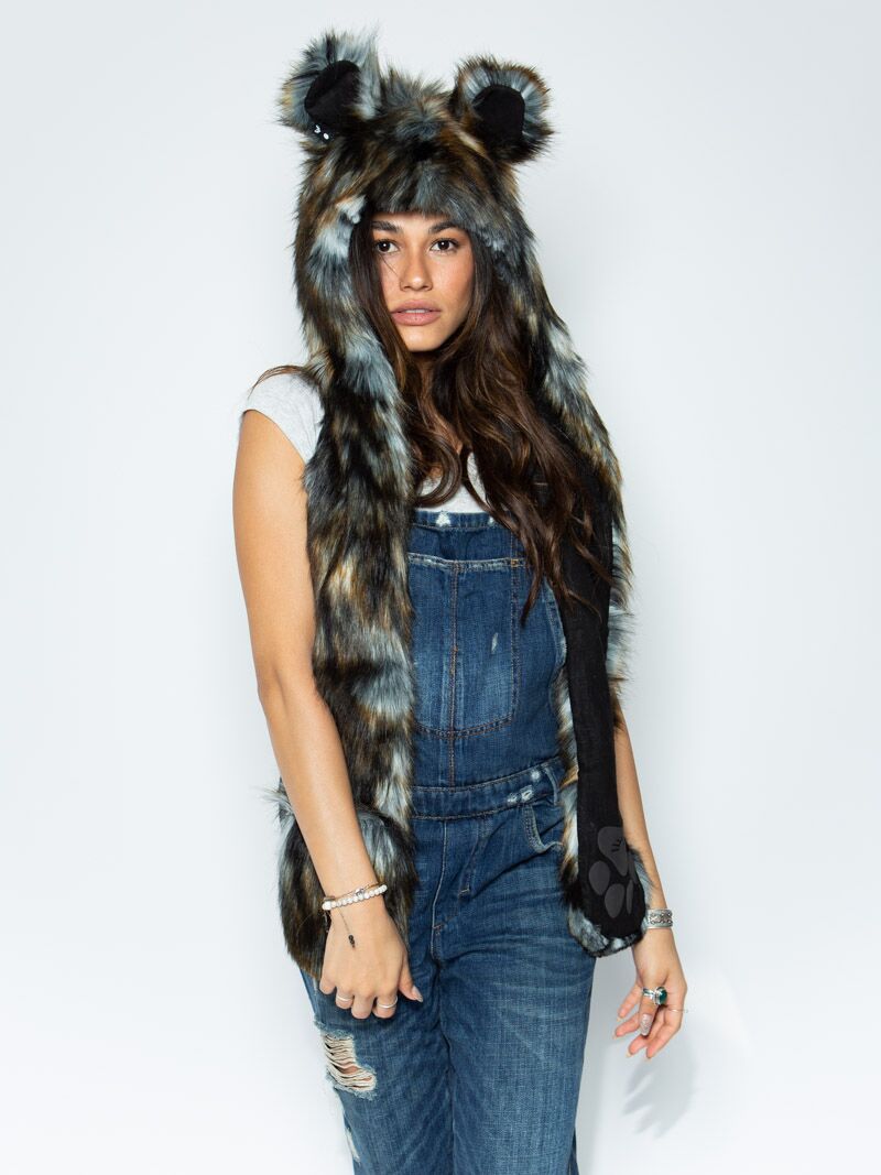 Woman wearing faux fur African Wild Dog Collector SpiritHood, side view