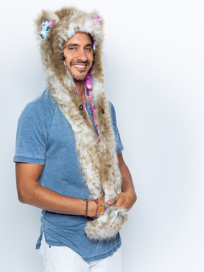 Man wearing faux fur Catleidoscope Collector Edition SpiritHood, side view 3
