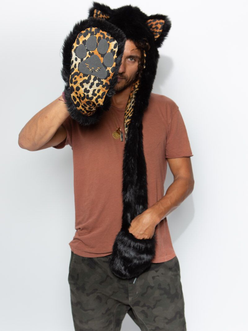 Man wearing faux fur Black Cat Collector Edition SpiritHood, front view 6