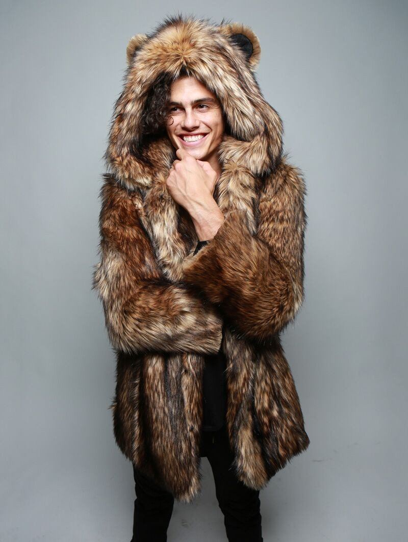 Man wearing Grizzly Faux Fur Coat, front view