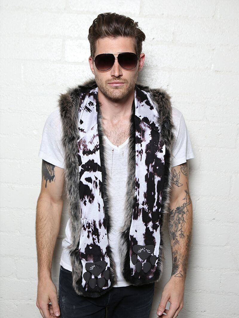 Man wearing faux fur New Moon Grey Wolf Collector SpiritHood, front view 2