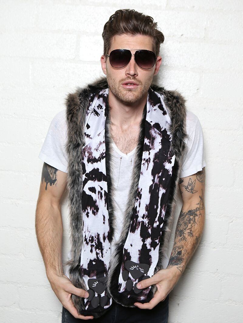 Man wearing faux fur New Moon Grey Wolf Collector SpiritHood, front view 3