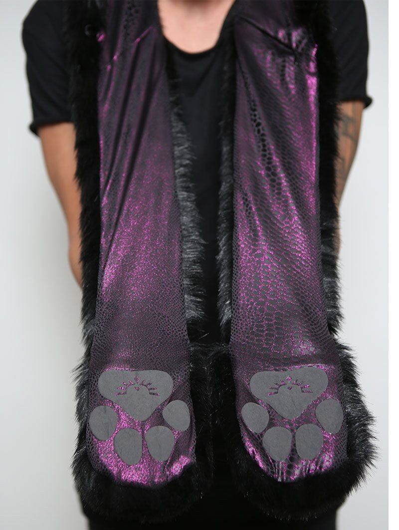 Man wearing faux fur Black Wolf Collectors SpiritHood, front view 1