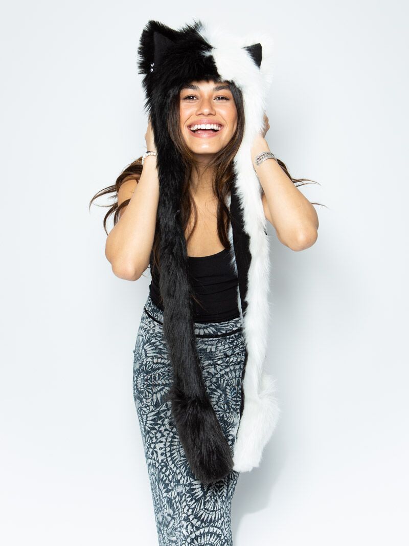 Woman wearing faux fur Moon Wolf SpiritHood, front view 2