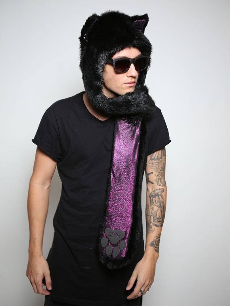 Man wearing faux fur Black Wolf Collectors SpiritHood, side view 1