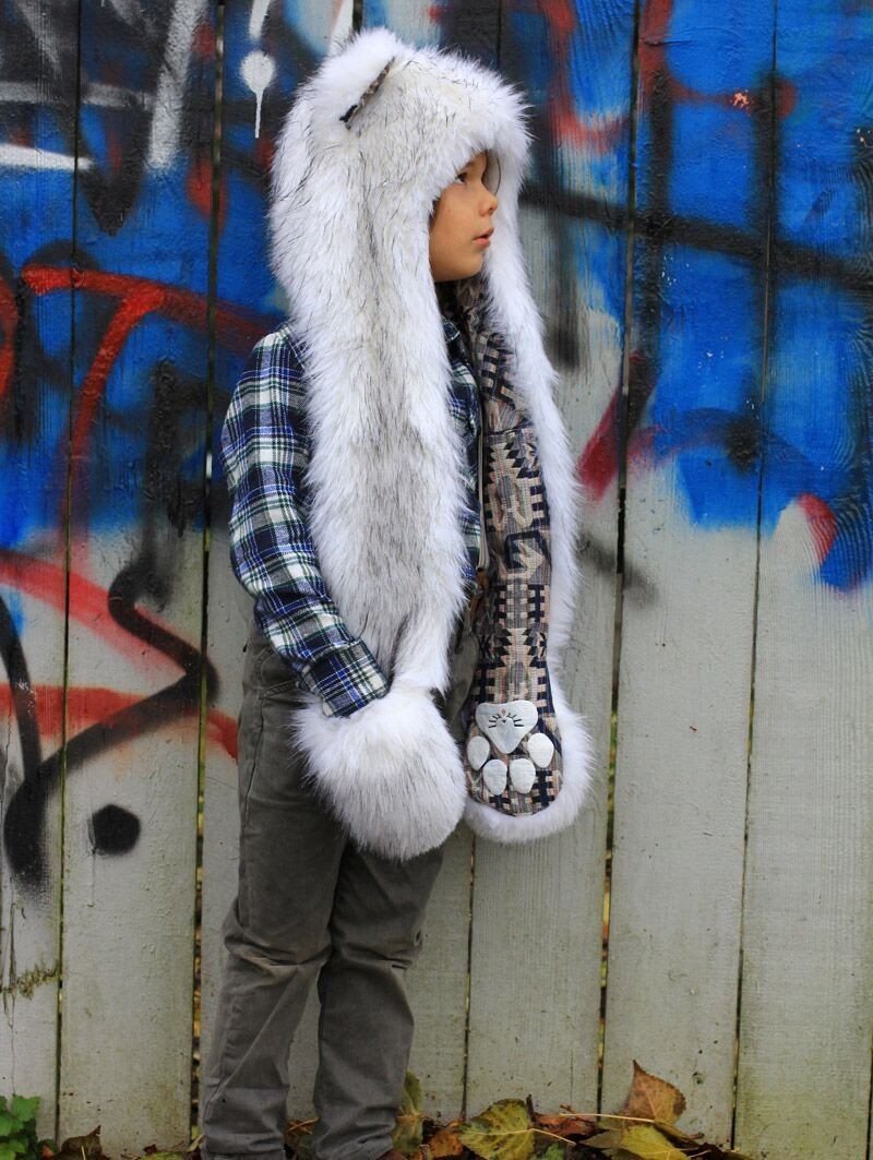 Light-colored Husky Faux Fur SpiritHood for Kids on Boy