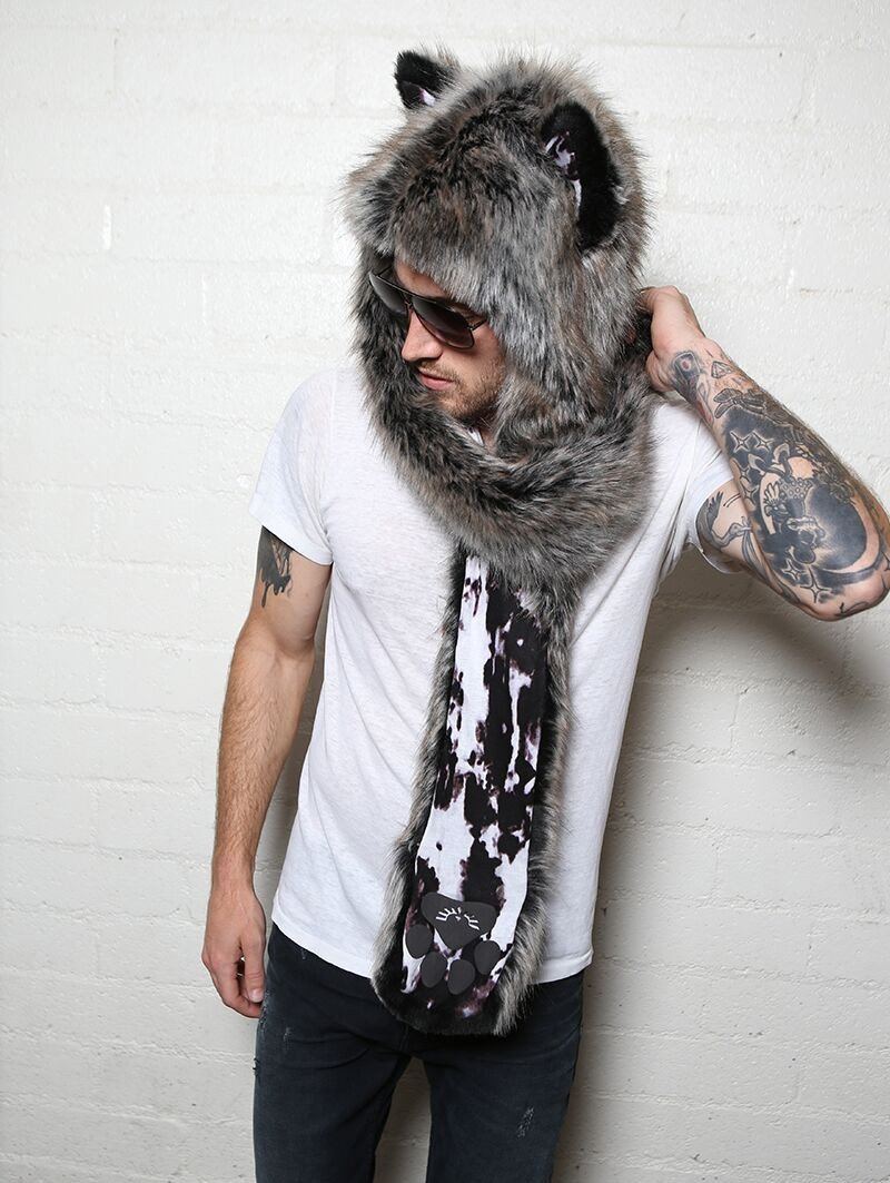 Man wearing faux fur New Moon Grey Wolf Collector SpiritHood