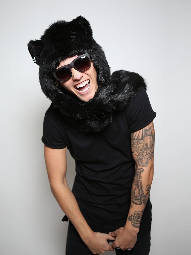 Man wearing faux fur Black Wolf Collectors SpiritHood, front view 3