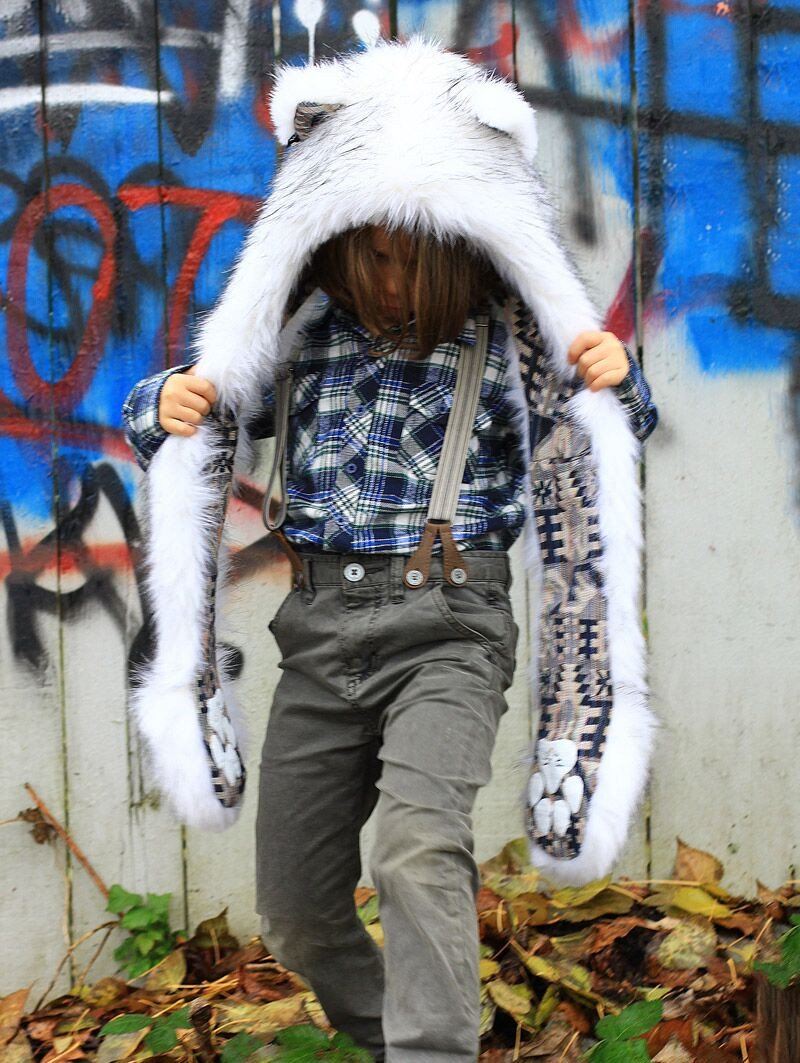 Husky Faux Fur SpiritHood for Kids on Boy