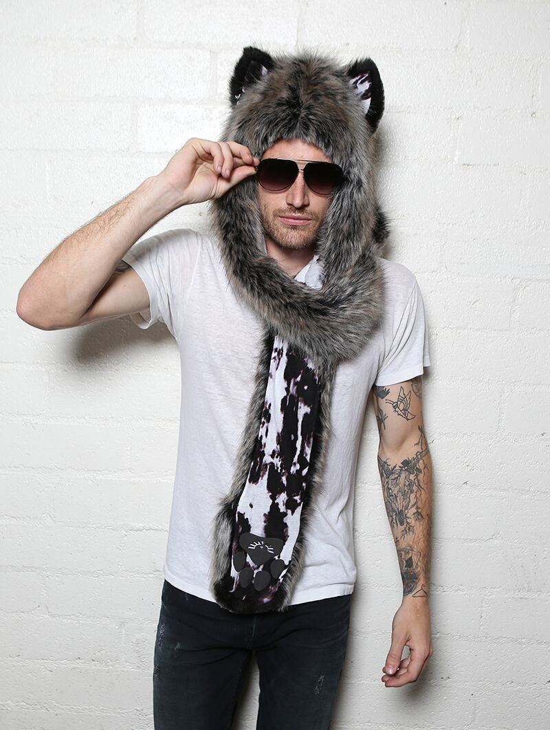Man wearing faux fur New Moon Grey Wolf Collector SpiritHood, front view