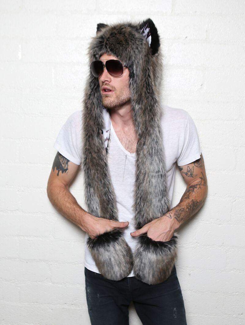 Man wearing faux fur New Moon Grey Wolf Collector SpiritHood, side view