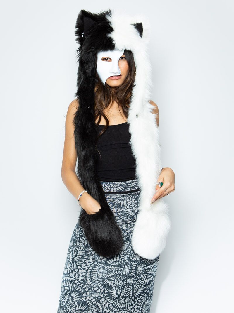 Woman wearing faux fur Moon Wolf SpiritHood, front view 1