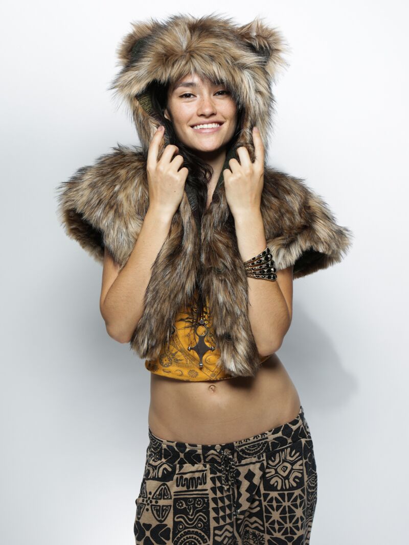 Female Wearing SpiritHoods Grizzly Italy Faux Fur Shawl 