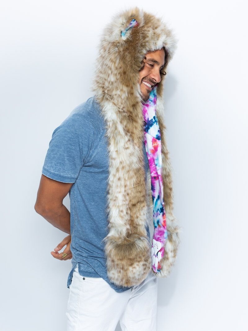 Man wearing faux fur Catleidoscope Collector Edition SpiritHood, side view 2