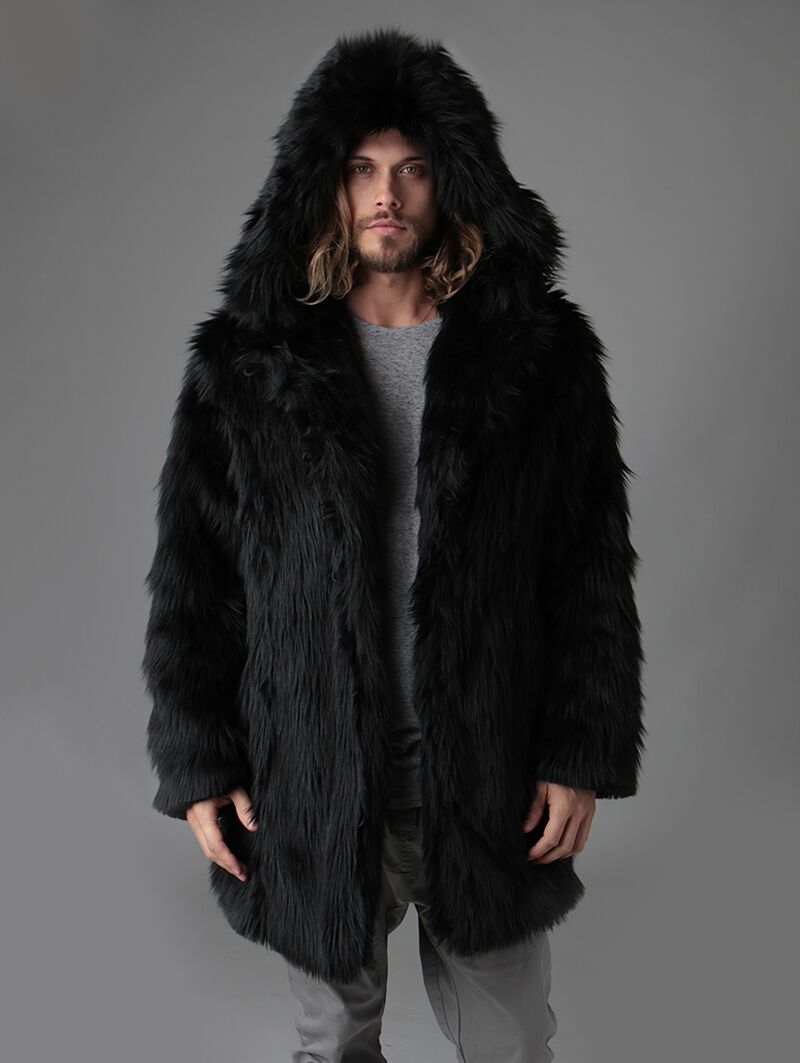 Man wearing Black Wolf Hooded Faux Fur Coat, front view