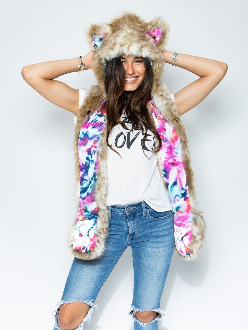 Woman wearing Faux Fur Catleidoscope Collector Edition SpiritHoods, front view 1