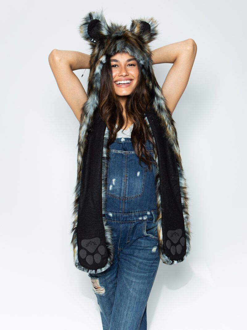 Woman wearing faux fur African Wild Dog Collector SpiritHood, front view 3
