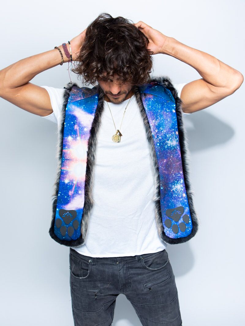 Man wearing faux fur Grey Wolf Galaxy Collector Edition SpiritHood, front view 4