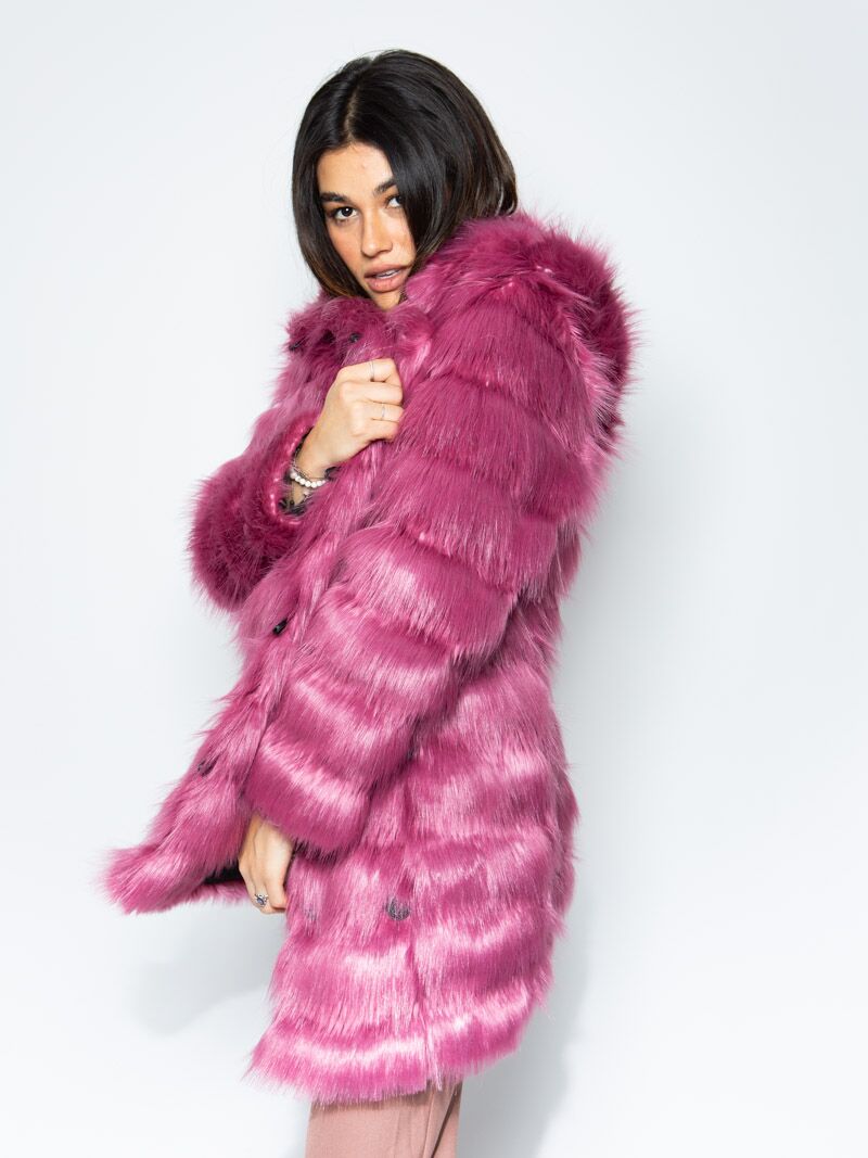 Hooded Rose Finch Collector Edition Faux Fur Coat on Woman