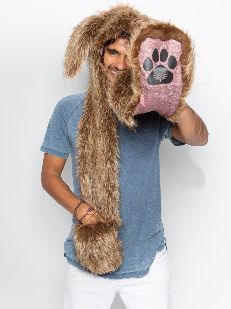 Man wearing faux fur CinnaBunny Collector Edition SpiritHood, front view 3