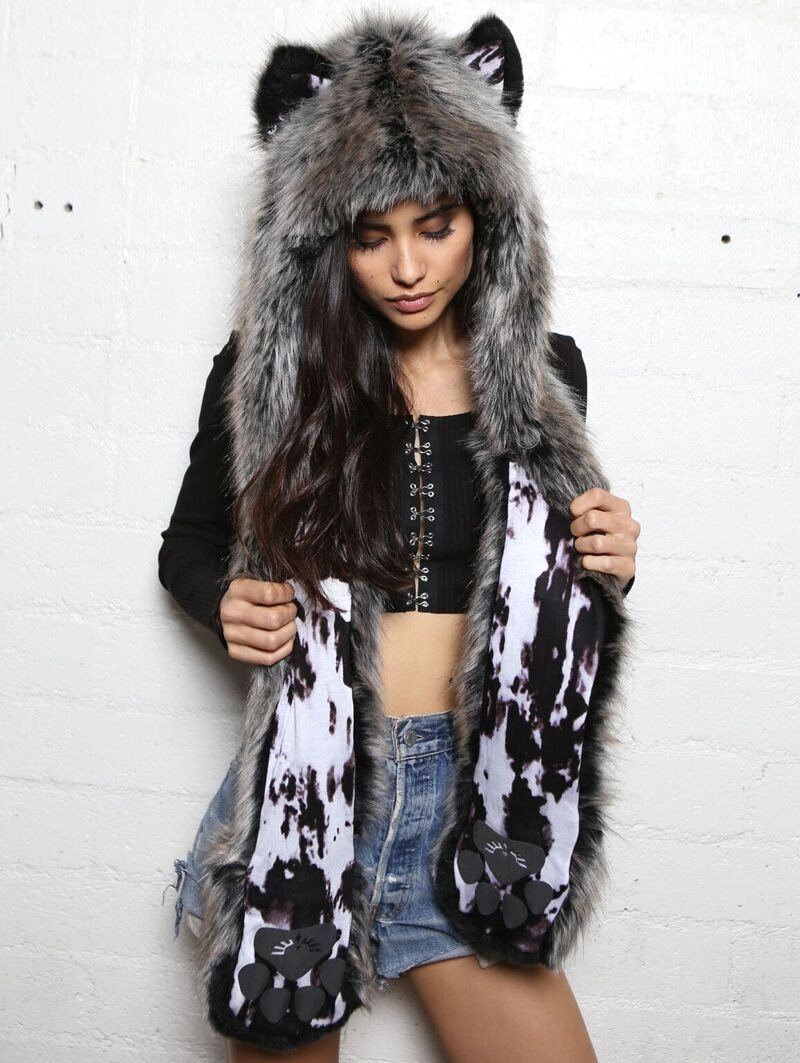 Female Wearing New Moon Grey Wolf Collector SpiritHood 
