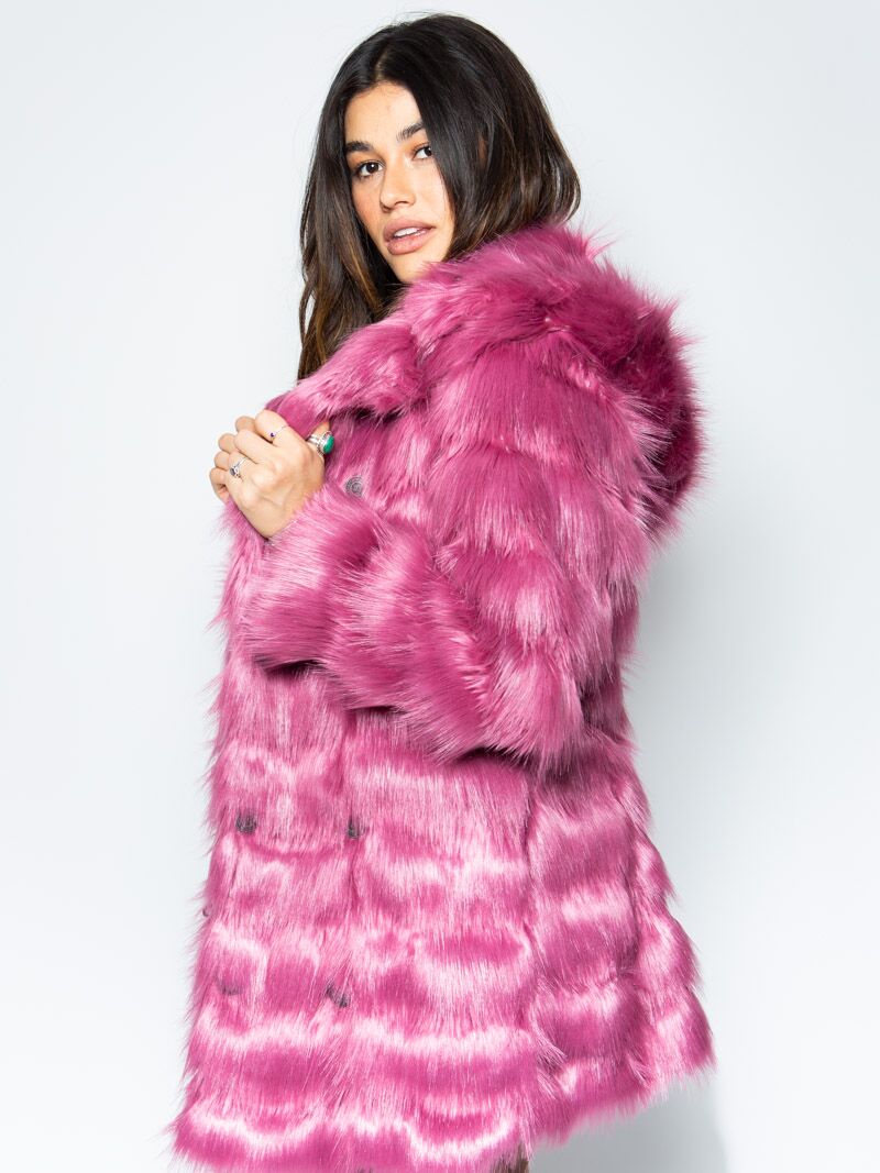 Side View of Rose Finch Collector Edition Faux Fur Coat on Woman