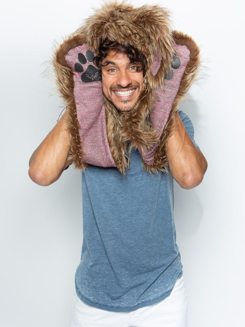 Man wearing faux fur CinnaBunny Collector Edition SpiritHood, front view 6