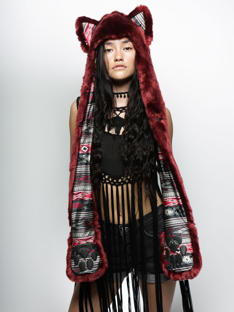 Woman wearing faux fur Collector Edition Fire Wolf SpiritHoods, front view 1
