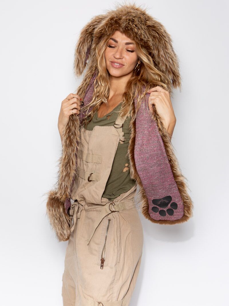 Woman wearing faux fur CinnaBunny Collector Edition SpiritHood, side view 2