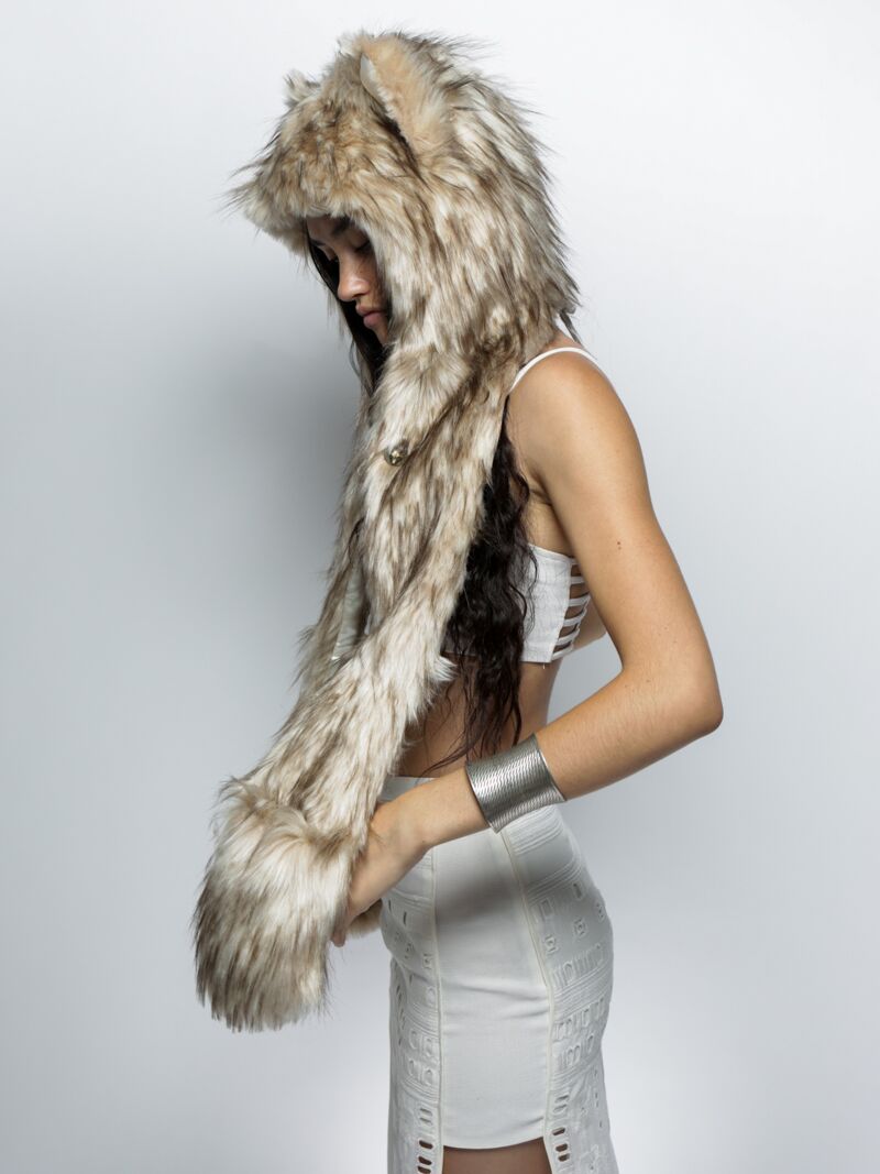Woman wearing faux fur Platinum Fox CE SpiritHood, side view 2