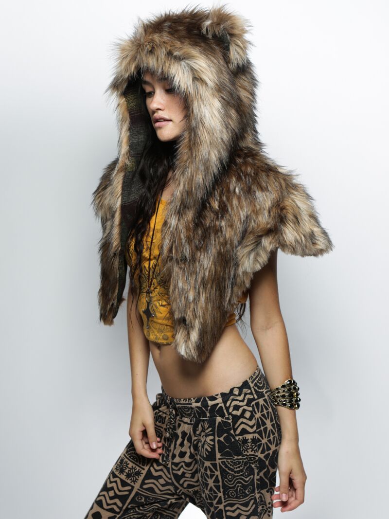 SpiritHoods Grizzly Italy Faux Fur Shawl with Hood on Female
