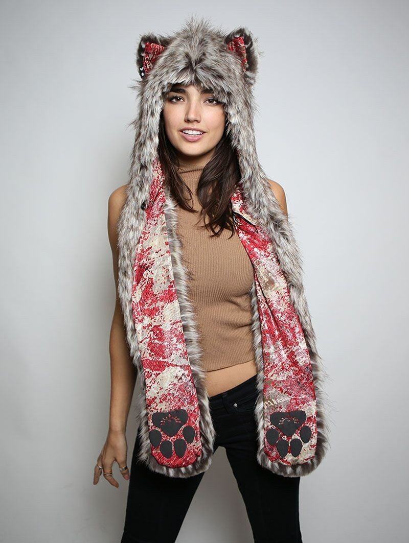 Woman wearing Silver Coyote Collectors Edition SpiritHood, front view 1