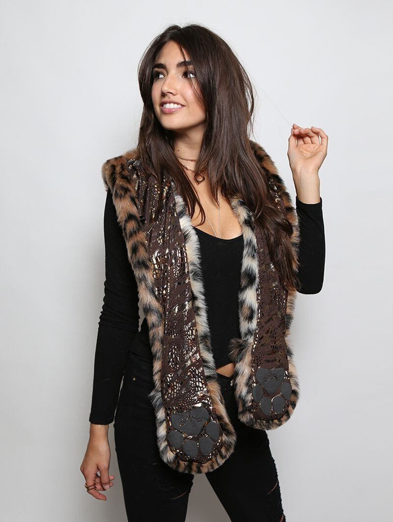 Woman wearing faux fur Leopard Snakeskin SpiritHood