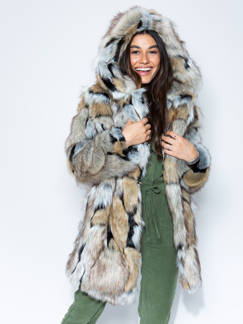 Brown, White, and Black Wolverine Hooded Faux Fur Coat on Woman