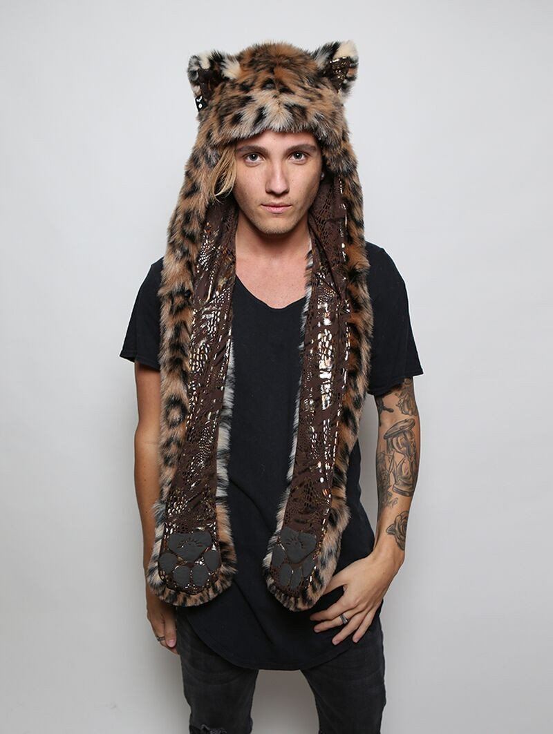 Man wearing faux fur Leopard Snakeskin SpiritHood, front view 3