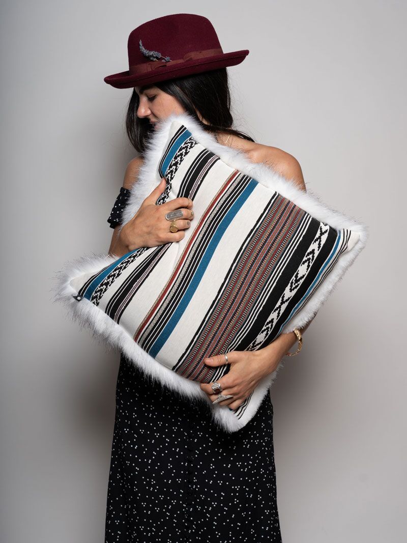 Husky Baja Faux Fur Pillow Held by Female Model