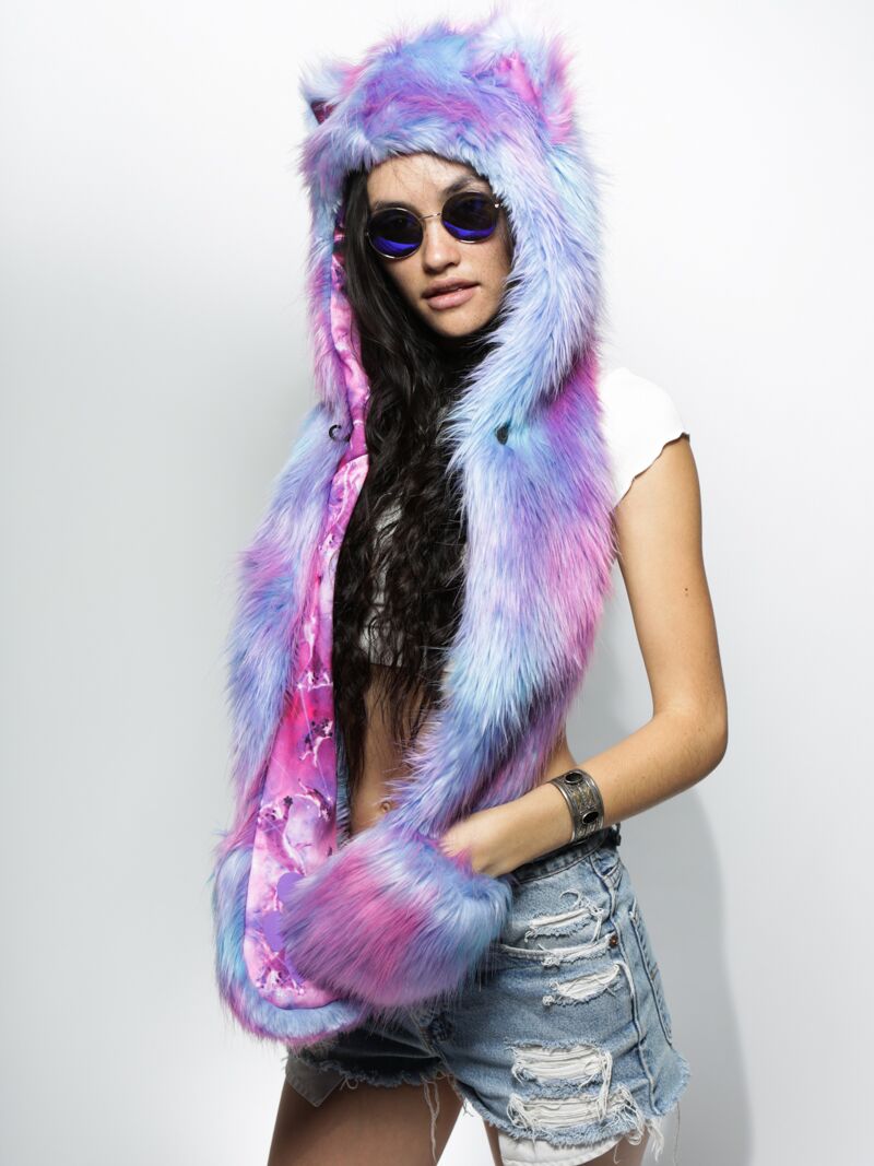 Woman wearing CatsInSpace Cotton Candy Kitty CE Faux Fur SpiritHood, side view