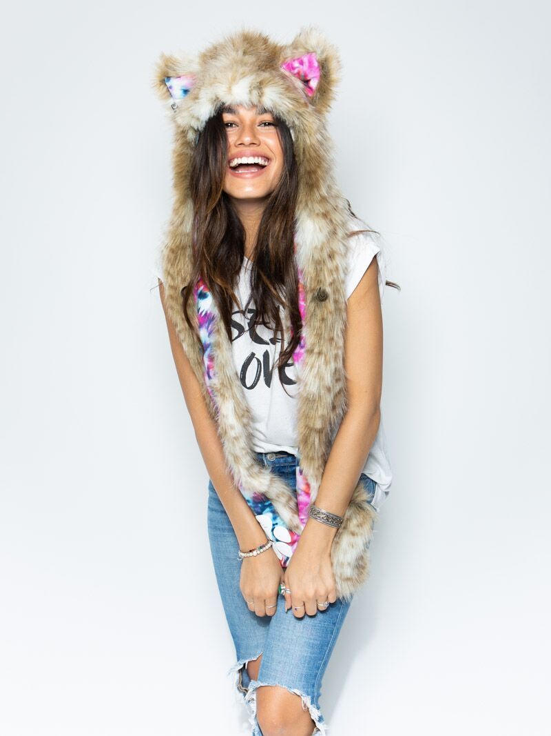 Woman wearing Faux Fur Catleidoscope Collector Edition SpiritHoods, front view 2