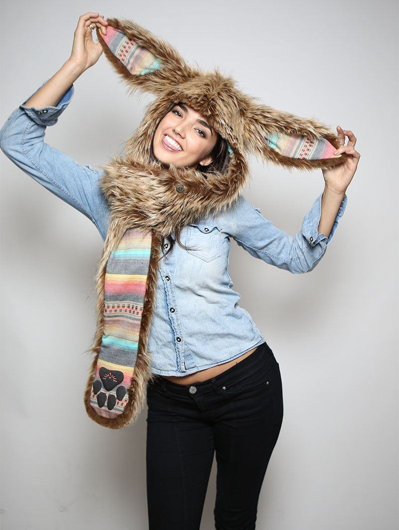 Woman wearing Brown Bunny Collectors Edition Faux Fur SpiritHood, front view 1